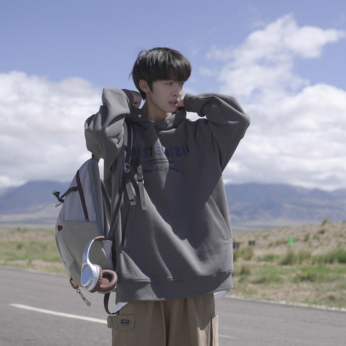 GOGOSOON加绒卫衣男新款2025秋冬连帽重磅硬挺美式青少年带帽加厚