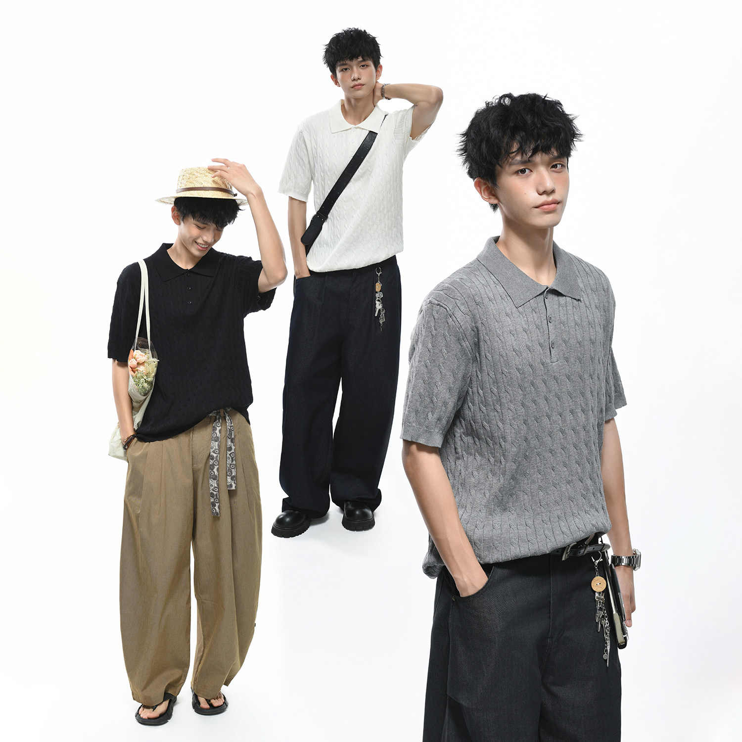 GOGOSOON 轻薄透气针织短袖Polo衫男夏季麻花纹理宽松T恤商务休闲图片