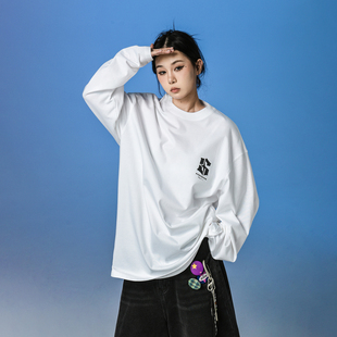 GOGOSOON春秋新款 男上衣300g全棉双纱logo印花圆领潮 白色t恤长袖