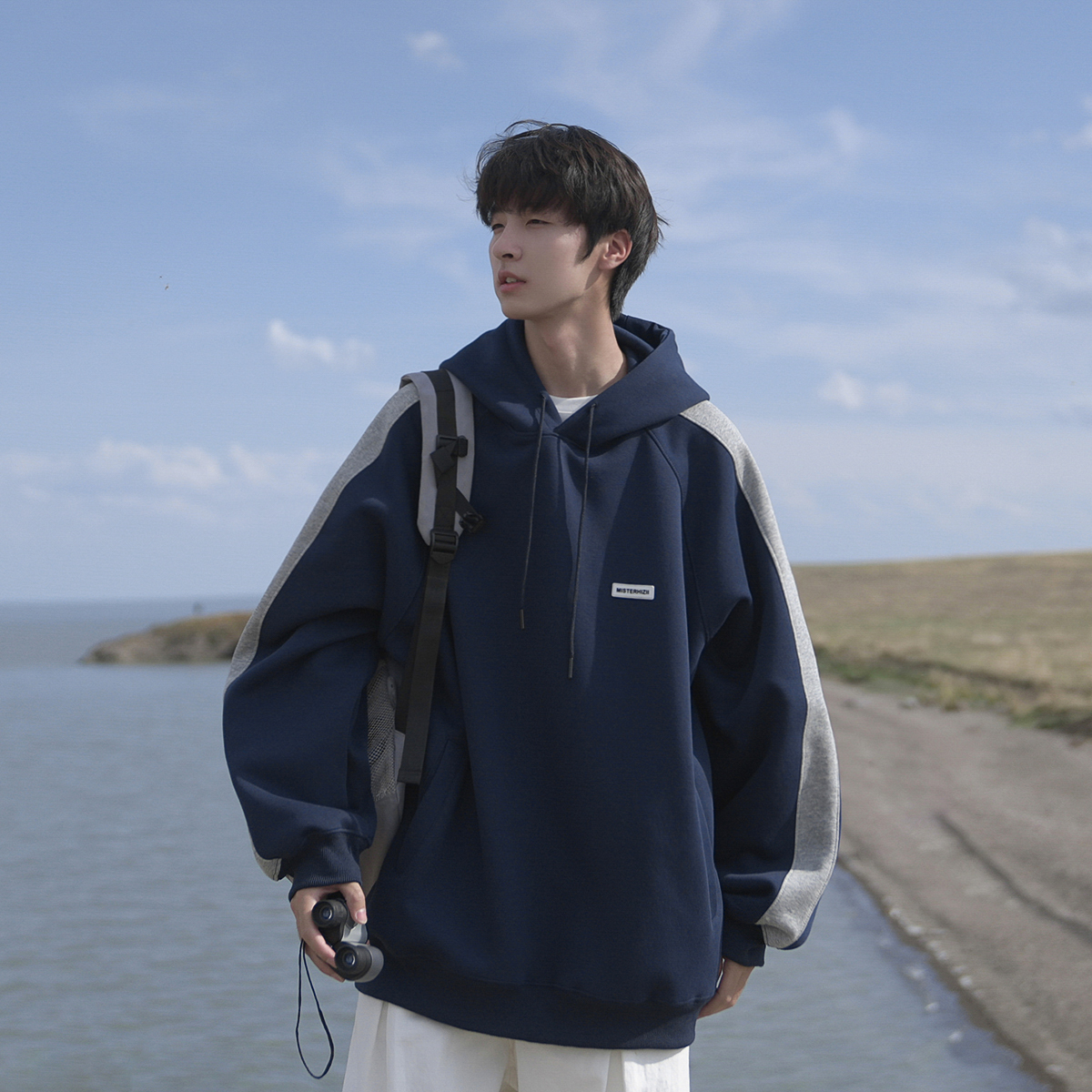 GOGOSOON男生藏青色外套420g开春青少年连帽卫衣潮上衣宽松重磅款