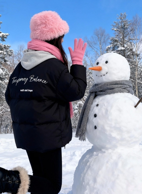 美式黑色短款羽绒棉服女大童冬季初中高中学生宽松面包服外套棉袄