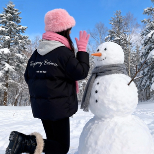 美式黑色短款羽绒棉服女大童冬季初中高中学生宽松面包服外套棉袄