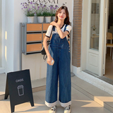 【原创已出货】慵懒风格纹翻边牛仔背带裤2C0592516-P125K178，女装连体裤，西子