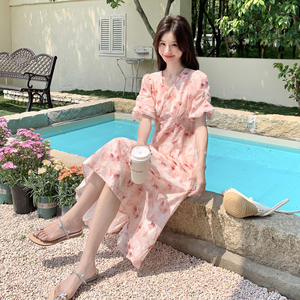 法式复古碎花连衣裙女2025夏季新款高级感气质收腰显瘦中长款裙子图片