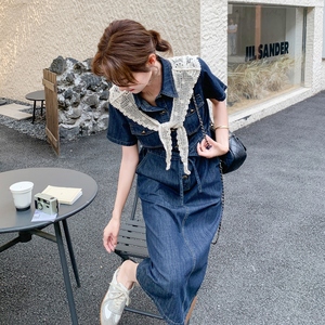 蓝色法式牛仔衬衫连衣裙女2025年夏季新款高级感气质收腰显瘦长裙图片