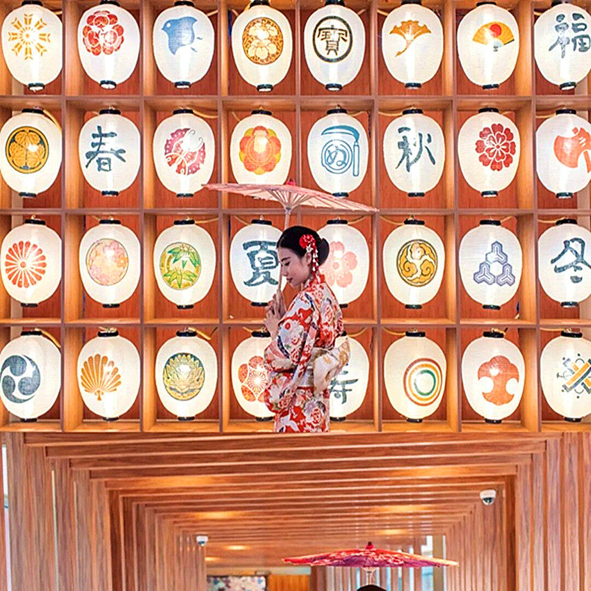 日本拼色丸型灯笼日式料理店居酒屋餐厅装饰樱花祭蟹家纹定制圆形