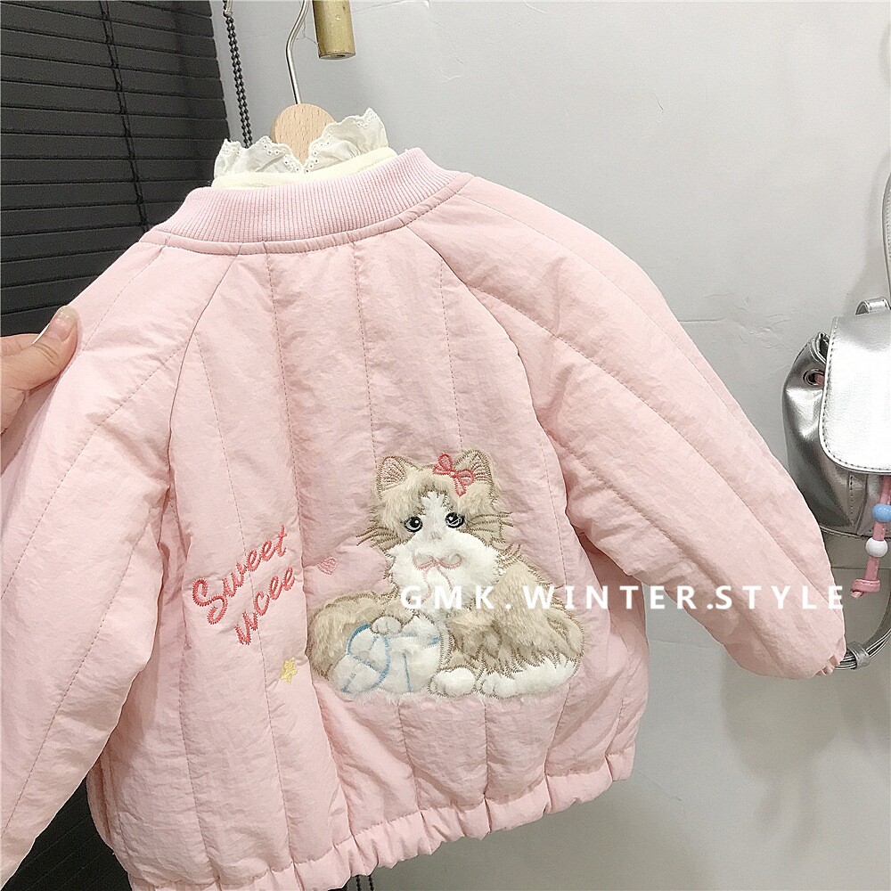 女童棉衣外套冬装女宝宝可爱夹棉加绒卡通刺绣棒球棉服加厚夹克衫