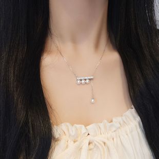 轻奢风高级感秋冬毛衣链 s925纯银平衡木珍珠项链女抽拉可调节新款