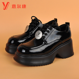 亮皮英伦风厚底增高系带小皮鞋 意尔康女鞋 女时尚 2023秋新款 乐福鞋