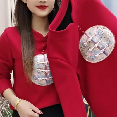 长袖国风加绒加厚刺绣盘扣上衣