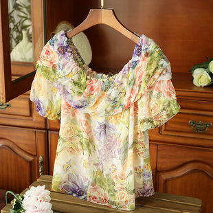 清纯又惊艳的气质~碎花印花露肩一字领荷叶边真丝衬衫桑蚕丝上衣