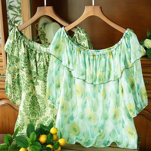 浪漫、甜美氛围感~碎花印花荷叶边一字领露肩真丝衬衫桑蚕丝上衣