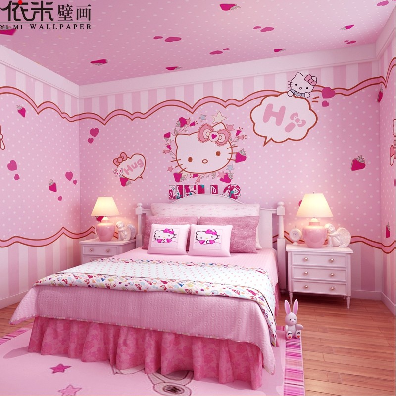 3d儿童房壁纸男孩女孩卧室卡通kitty猫墙纸全屋定制壁画背景墙布