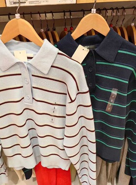 日系polo领设计！小众条纹针织衫春季新款毛衣毛衫柔滑棉质484503