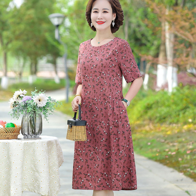 印花棉麻连衣裙显瘦中老年女装