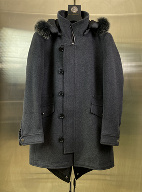 专柜48码冬季羊毛大衣男中长款灰色毛领保暖商务绅士外套D78