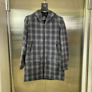保暖外套C53 冬季 专柜46码 商务休闲连帽格纹60羊毛呢大衣男中长款
