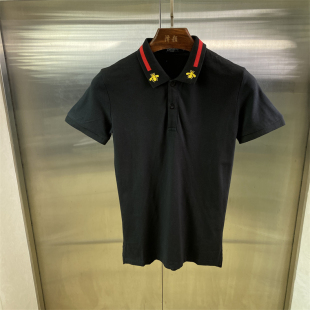 黑色短袖Polo衫男翻领蜜蜂刺绣撞色条纹夏季百搭上衣K17
