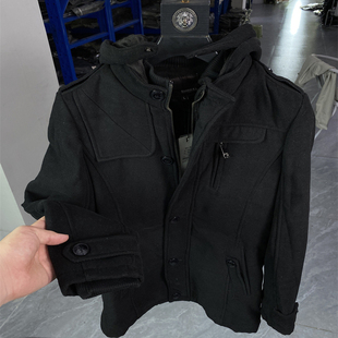 连帽毛呢大衣黑色中长款 风男士 商务休闲外套B23 工装 专柜瘦身50码