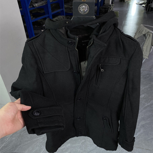 男士连帽毛呢大衣黑色中长款