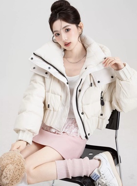 【现货】白色短款白鸭绒羽绒服冬季韩系立领保暖连帽防风外套