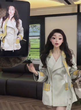 2025春秋卡其色经典韩式格纹拼接设计休闲中长款风衣外套