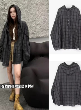 2025春季新款韩版宽松休闲百搭格子连帽衬衫女长袖衬衣外套
