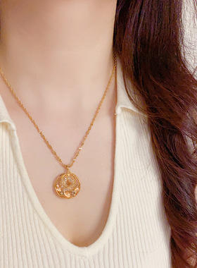 跨境欧美个性时尚金丝网状镂空圈圈吊坠项链轻奢复古设计感锁骨链