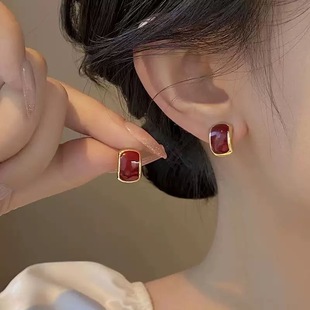 跨境银针滴油方形几何耳环港风复古气质耳钉小众简约设计感耳饰女
