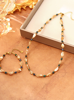 跨境复古天然黄贝凤凰青金串珠项链手链女轻奢百搭淡水珍珠毛衣链