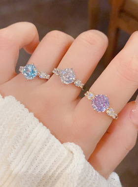 跨境韩精致时尚百搭玫瑰冰花切锆石开口戒个性甜美设计感食指戒