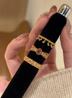 跨境古法仿紫水晶摇铃戒指轻奢高级感小众独特精致百搭指环开口戒