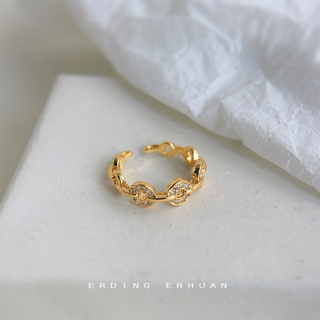 【招财进宝】微镶锆石开口可调节食指戒钱币个性手饰镀14K戒指女