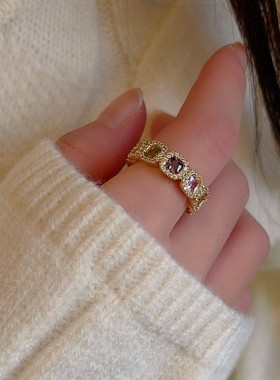 跨境爆闪多巴胺彩色小方糖锆石开口戒新款轻奢小众精致食指戒指