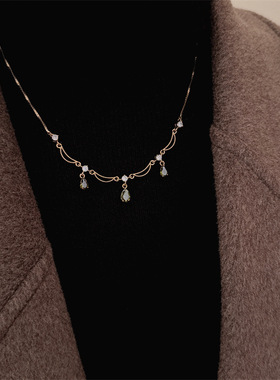 【青提落露】宫廷风绿色水滴锆石流苏项链高级感气质甜美锁骨链