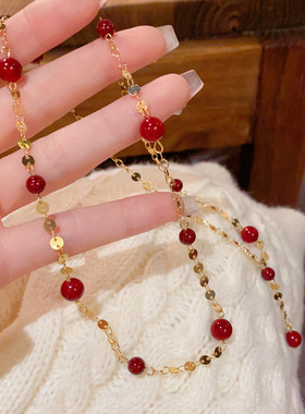 跨境温柔百搭红色满天星珍珠项链气质轻奢时尚简约高级感锁骨链女