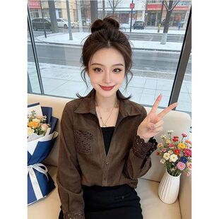 洋气百搭显瘦上衣气质小衫 春秋新款 潮 女长袖 欧货蕾丝拼接镂空衬衫