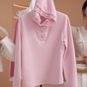 2025新款 粉色连帽长袖 t恤女秋冬内搭蕾丝打底衫 洋气百搭气质上衣