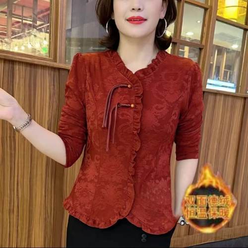 中式国风盘扣复古提花小衫休闲时尚显瘦打底衫上衣宽松遮肉秋冬款