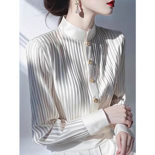 高级感轻奢减龄杏色条纹衬衫女2025春季独特漂亮洋气法式打底上衣