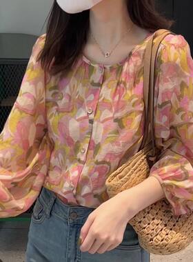 设计感真丝灯笼袖印花衬衫女秋季气质百搭宽松显瘦雪纺圆领上衣潮