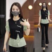 t恤女拼接衬衫 假两件短袖 爆款 新中式 上衣服 2025夏季 国风女装 新款