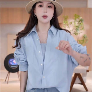 洋气减龄宽松休闲显瘦设计感上衣 新款 蓝色假两件衬衫 女士2025春季