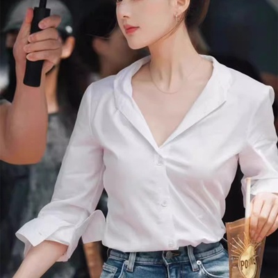 郭晶晶白衬衫许我耀眼赵露思许妍同款秋季穿搭v领衣服衬衣套装秋