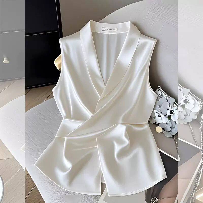 气质缎面收腰无袖衬衫女2025夏季新款设计感交叉绑带时尚背心上衣