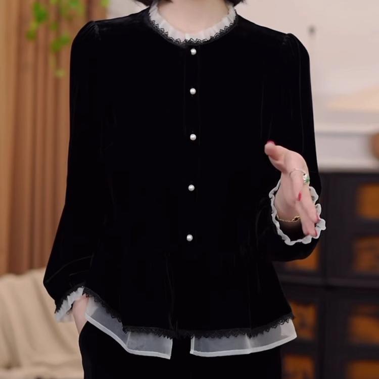 法式荷叶边衬衫女士秋季新款时尚气质休闲显瘦设计感黑色丝绒上衣