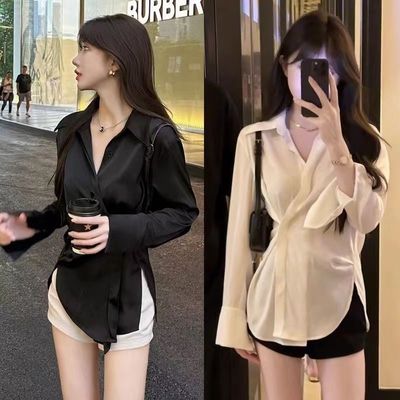 气质长袖衬衫女夏2025新款收腰显瘦设计感不规则衬衣法式别致上衣