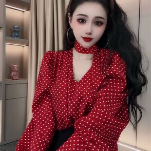 新款 波点衬衫 法式 气质红色长袖 女设计感上衣洋气衬衣 时尚 2025春季