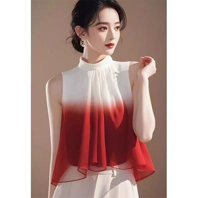 今年流行独特漂亮渐变衬衫女轻熟法式小众无袖仙气飘飘雪纺上衣夏