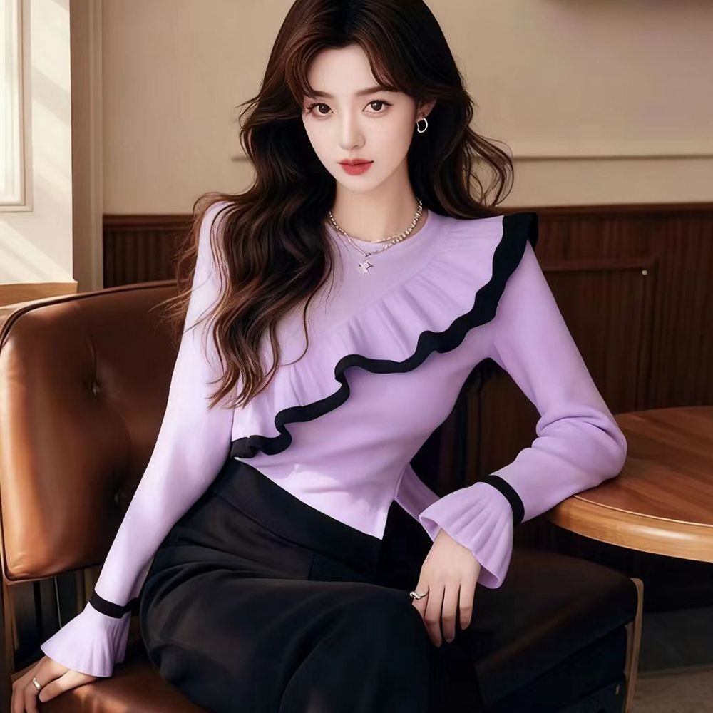 韩系chic别致高级感不规则撞色荷叶边拼接长袖针织修身显瘦上衣女